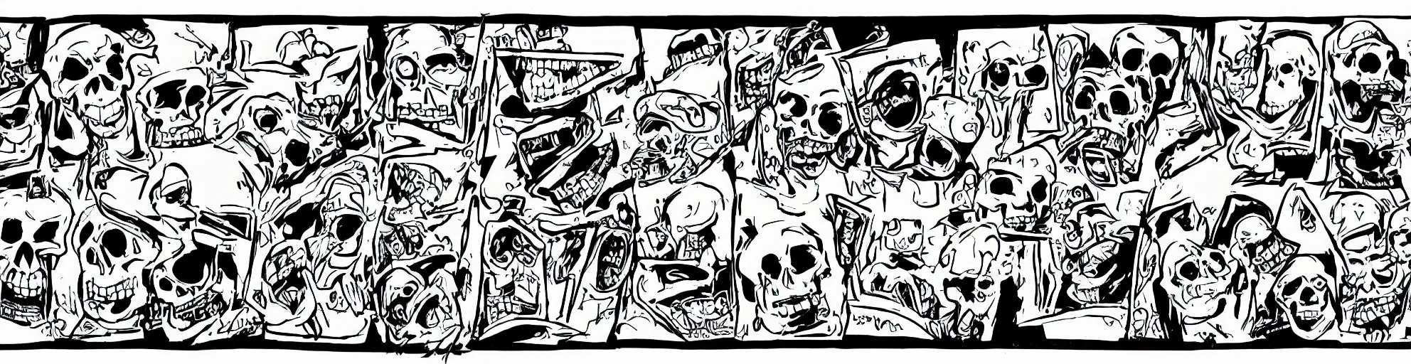 Image similar to film strip of a zany cartoon starring a skull, thick line work