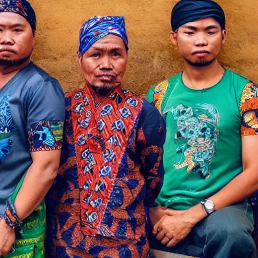 Image similar to portrait of people wear bandana with batik parang rusak pattern and bring javanese keris as weapon,javanese people gangster style