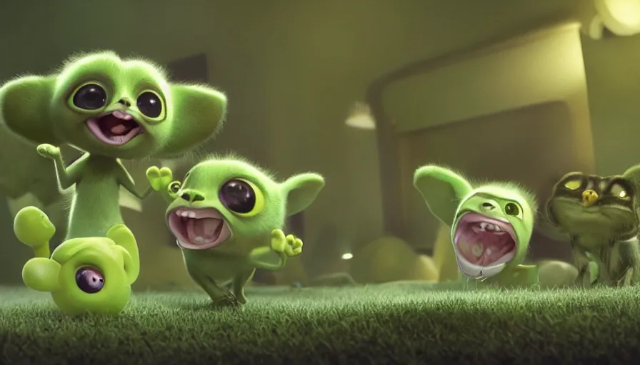 Image similar to very very very cute green baby animals by Max Kostenko and Bobby Chiu, disney, pixar, MPC, Framestore, character design for animation, uplight, a lineup of characters, big disney eyes, symmetrical yellow eyes, cuteness, 3d render, octane rendered, highly detailed, cinematic lightning, rendered by maya and houdini, highly detailed, unreal engine, Trending on Artstation, octane render, 4k, 8k, HD, oil on Canvas by Elena Zhurikhina and Goro Fujita and Charlie Bowater