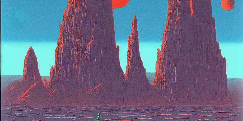 Prompt: grainy risograph matte painting, gigantic mortra kaiju, moebius, chesley bonestell and tim white, hyperrealism