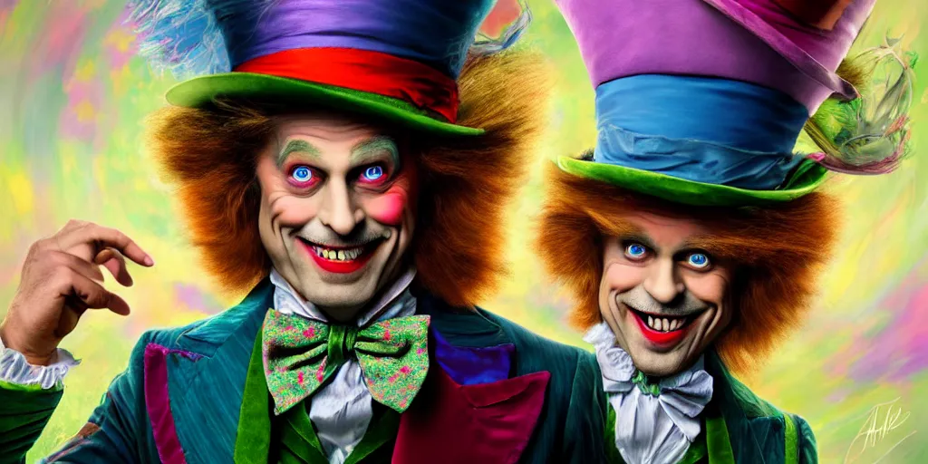 Image similar to The Mad Hatter portrait, Alice in wonderland, colorful, wide angle, super highly detailed, professional digital painting, artstation, concept art, smooth, sharp focus, no blur, no dof, extreme illustration, Unreal Engine 5, Photorealism, HD quality, 8k resolution, cinema 4d, 3D, beautiful, cinematic, art by artgerm and greg rutkowski and alphonse mucha and loish and WLOP