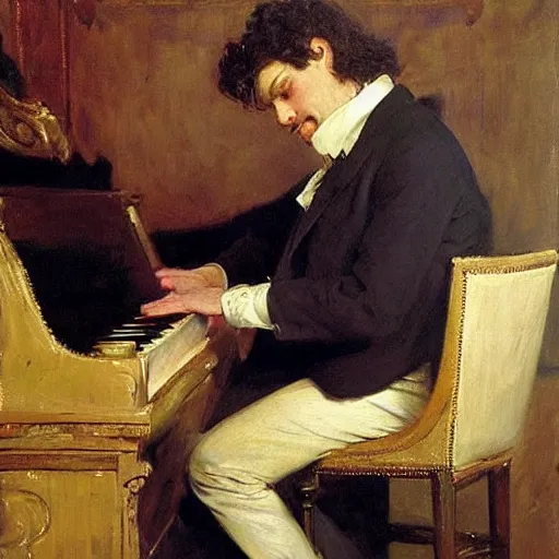 Image similar to portrait of anton rubinstein at the piano, by ilya repin, oil on canvas, 1 8 9 0