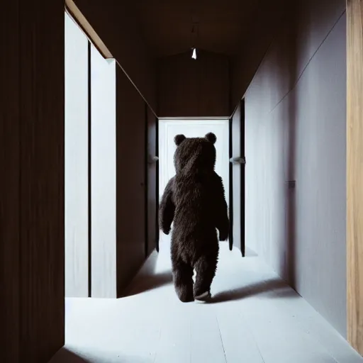 Image similar to dark photograph of a small bear mascot walking through a large wooden doorway