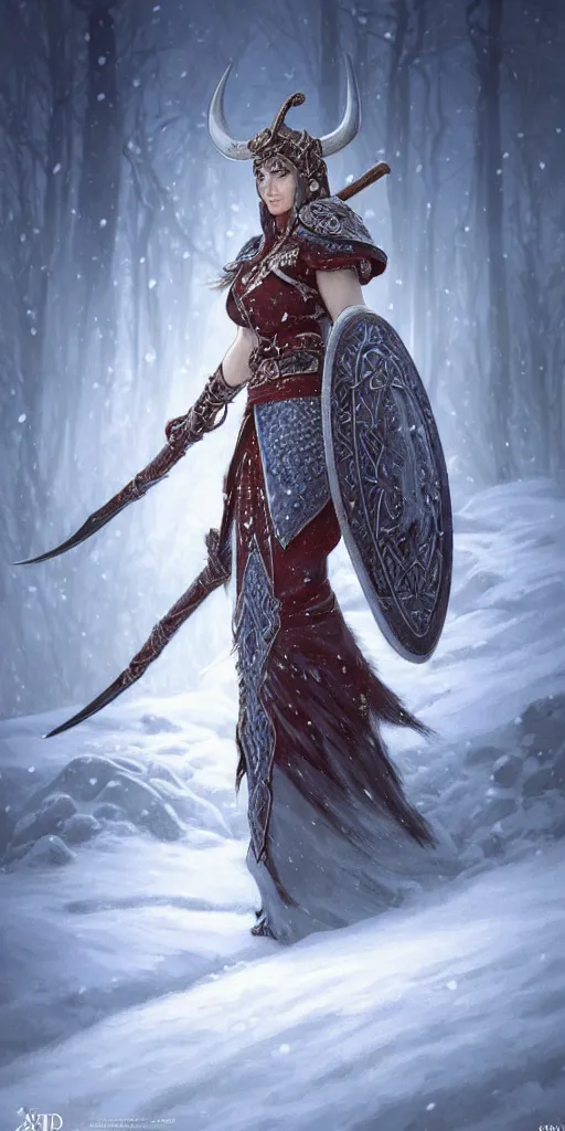 Image similar to azure viking warrior, regal, elegant, winter, snow, beautiful, stunning, hd, illustration, epic, d & d, fantasy, intricate, elegant, highly detailed, wide angle, digital painting, artstation, concept art, smooth, sharp focus, illustration, wallpaper, art by artgerm and greg rutkowski and alphonse mucha and jin xiaodi