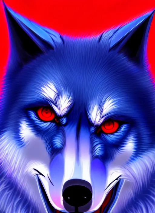 Image similar to blue wolf, red eyes highly detailed, deep focus, digital painting, smooth, sharp focus, anime art style, trending on artstation, 4 k