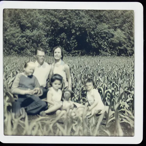 Image similar to old polaroid of an family picnic with a weird creature in a corn field