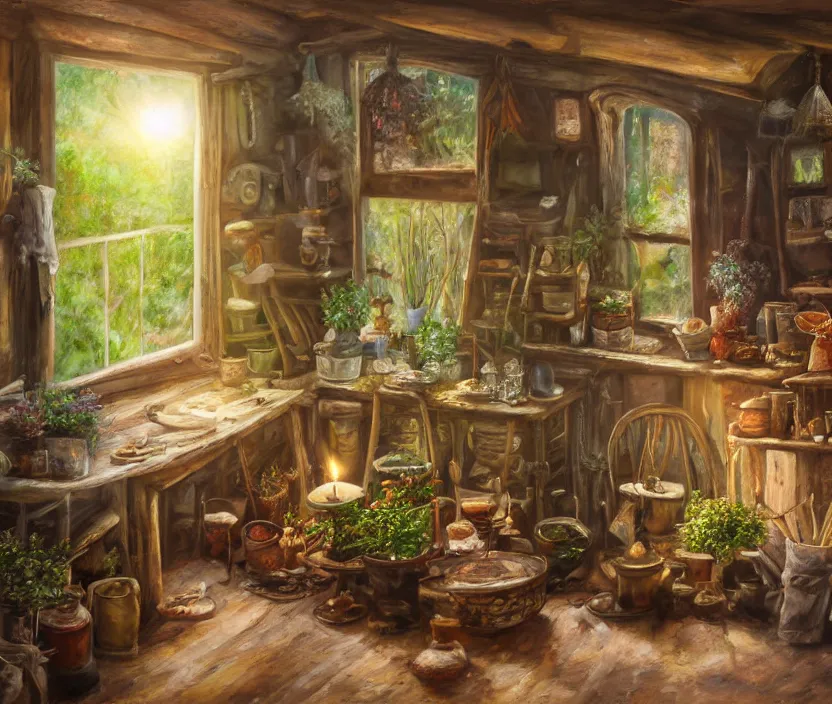 Image similar to expressive rustic oil painting, interior view of a cluttered herbalist cottage, waxy candles, wood furnishings, herbs hanging, light bloom, dust, ambient occlusion, morning, rays of light coming through windows, dim lighting, brush strokes oil painting