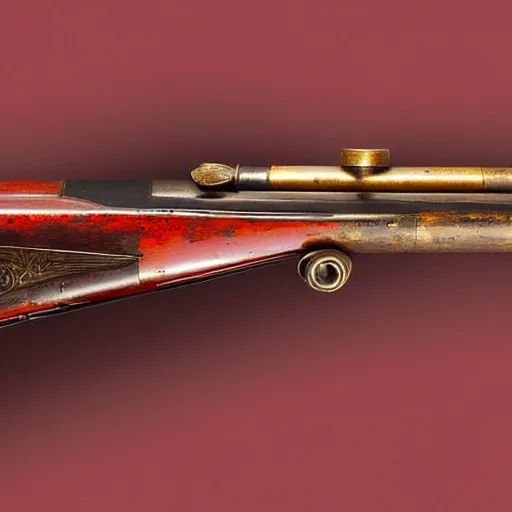 Prompt: an antique double - barreled shotgun made from glossy red - painted wood and elements of gold metalwork