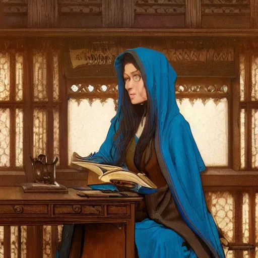 Prompt: a female wizard with brown hair wearing a blue hood and blue robe sitting at a wooden desk reading a book with bookcases behind her, fantasy, highly detailed, digital painting, artstation, concept art, character art, art by greg rutkowski and tyler jacobson and alphonse mucha