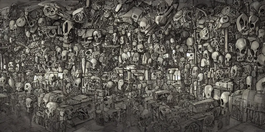 Image similar to comic alchemy, cybernetics, sci - fi, book page, post apocalyptic, wall of skulls, vision of ezekiel, enhanced quality, unreal engine