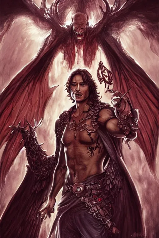 Image similar to front portrait of attractive sam winchester as a vampire with long fangs, wings wide open, clothes torn apart, muscular chest tattooed with runes and symbols, d & d!, fantasy style, sharp focus!, ultra detailed, art by artgerm and peter andrew jones, wlop
