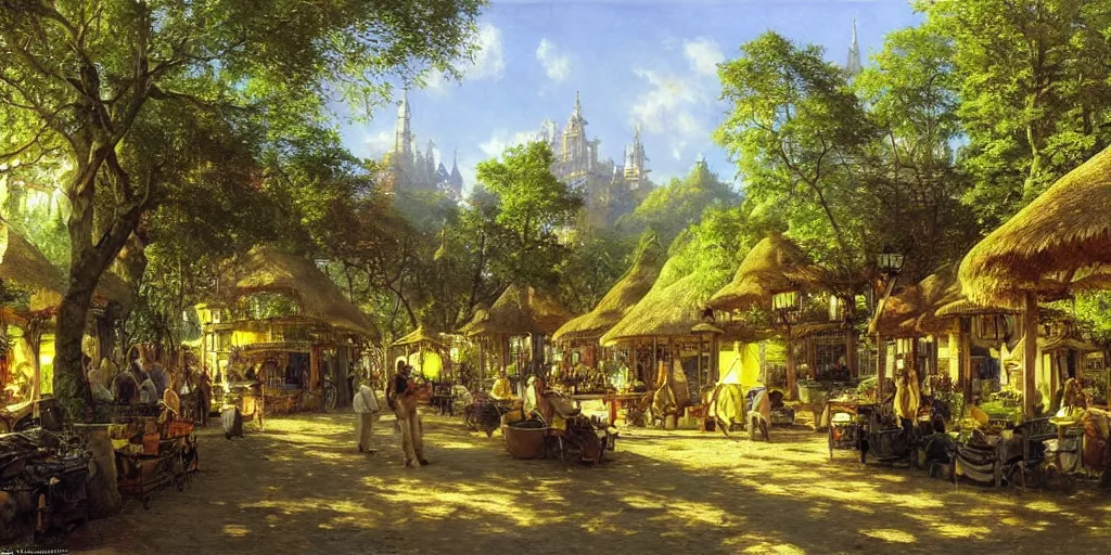 Prompt: a cozy fantasy city in a shaded forest, marketplace, thatched houses, yellow and greens, sun rays, peaceful james gurney