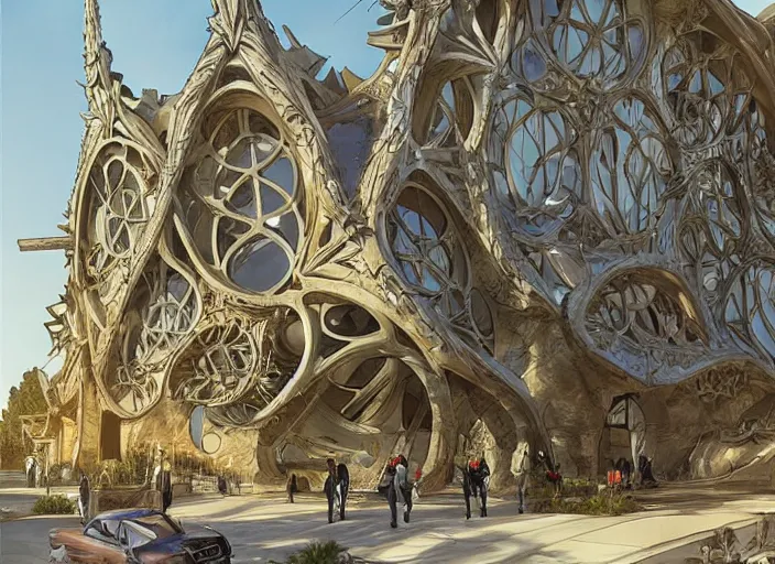 Image similar to mercedes exhibition center exterior designed by antoni gaudi, and concept art by artgerm, greg rutkowski, alphonse mucha