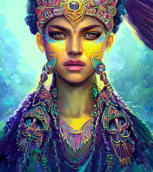 Image similar to beautiful intricate exquisite mayan princess realistic face, full body beautiful eyes, neon colors, drawing, in the style of greg rutkowski, fantasy, amazing detail, epic, intricate, elegant, smooth, sharp focus