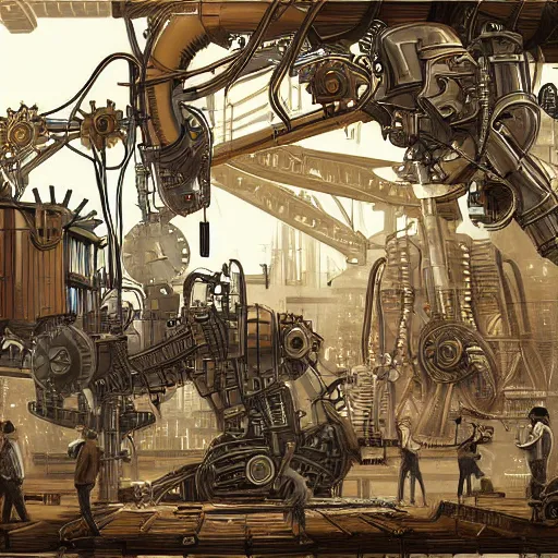 Prompt: digital art of workers working on a gigantic steampunk machine that creates robot elephants, art station