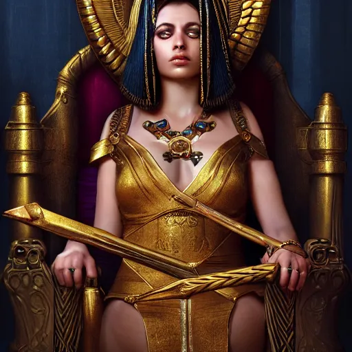Prompt: Cleopatra on her throne, beautiful eyes, full body, fantasy, beautiful face, medieval, vivid colors, elegant, concept art, sharp focus, digital art, Hyper-realistic, 4K, Unreal Engine, Highly Detailed, HD, Dramatic Lighting by Brom, trending on Artstation