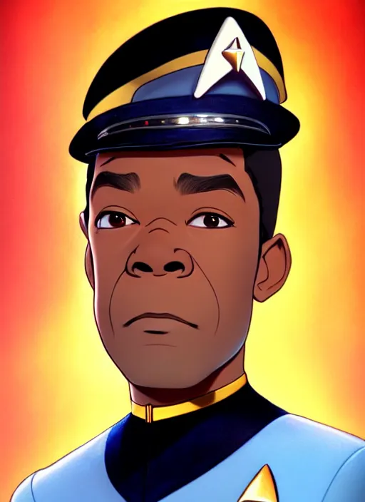 Image similar to cute star trek officer lenny henry, natural lighting, path traced, highly detailed, high quality, digital painting, by don bluth and ross tran and studio ghibli and alphonse mucha, artgerm