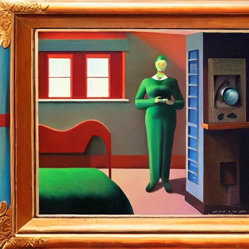Image similar to in soviet russia, tv watches you!, grant wood, pj crook, edward hopper, oil on canvas