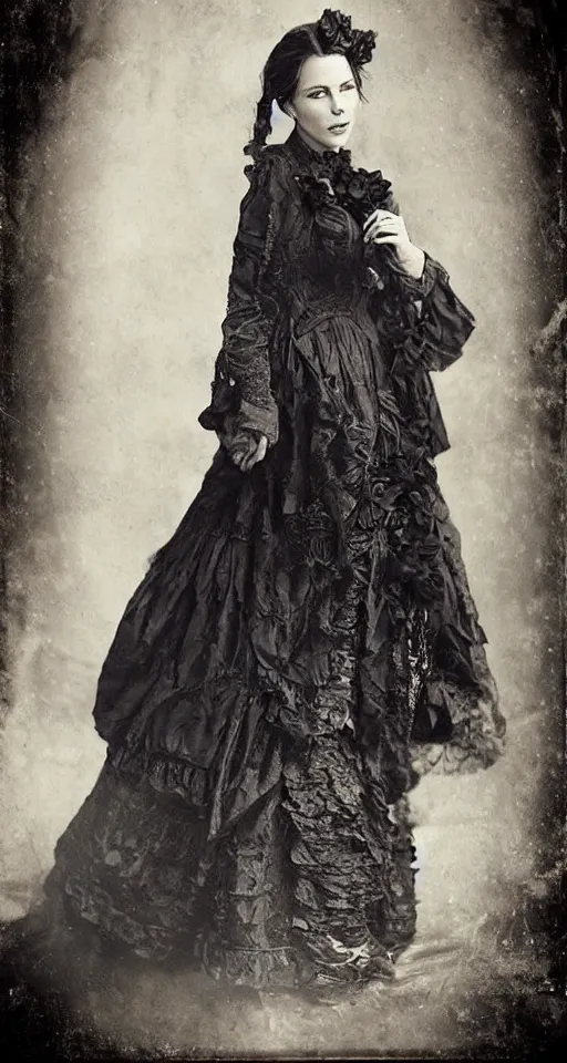 Image similar to digital collodion photograph, a beautiful portrait of Kate Beckinsale dressed in victorian era clothes