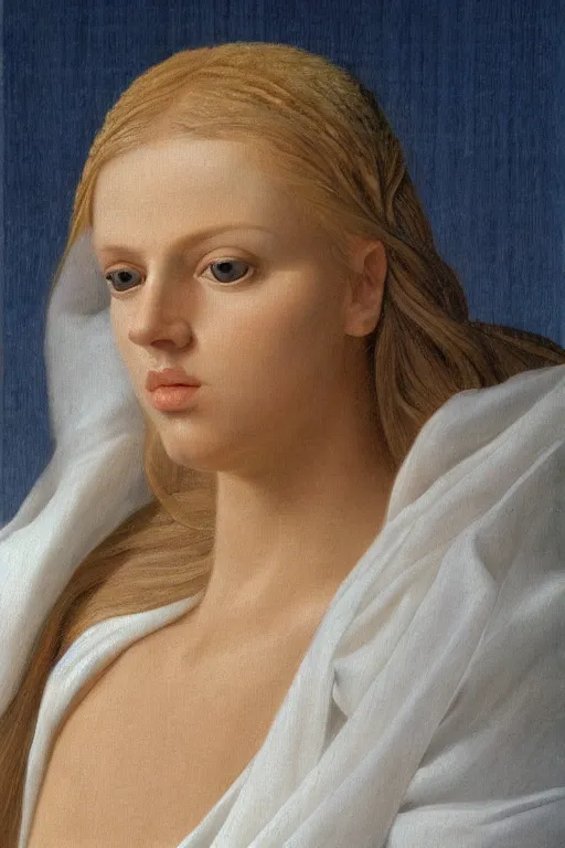 Prompt: hyperrealism close-up mythological portrait of a huge number of wheat merged with female blond, light-blue palette, pale skin, wearing brown silk robe, in style of classicism