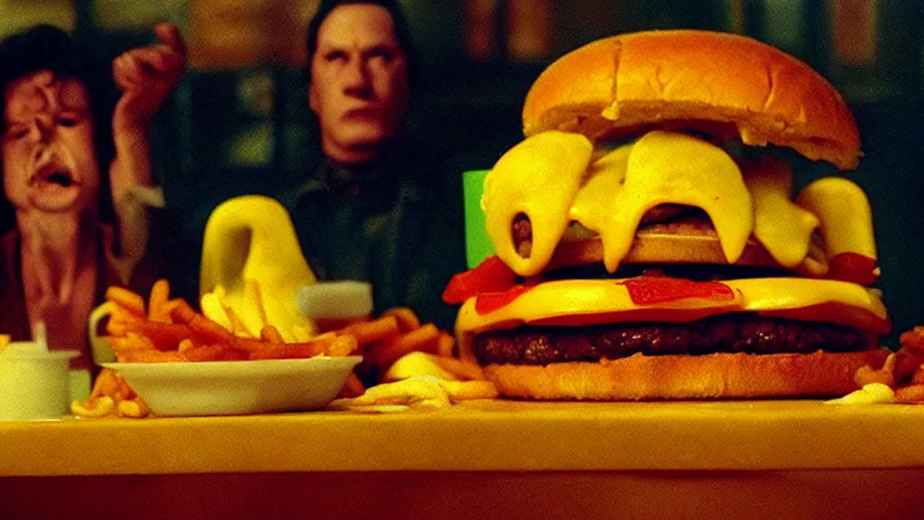 Image similar to the disdainful cheeseburger creature at the fast food place, film still from the movie directed by denis villeneuve and david cronenberg with art direction by salvador dali and zdzisław beksinski, wide lens