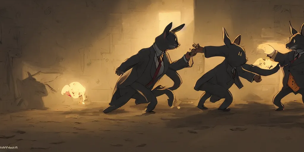 Image similar to two rabbits in suits are fighting, cartoonish, zenith view, warm color palette, night time, dramatic lighting, noir film, fine details, high contrast, blacksad, kim jung gi, greg rutkowski, trending on artstation, 8 k, ultra wide angle