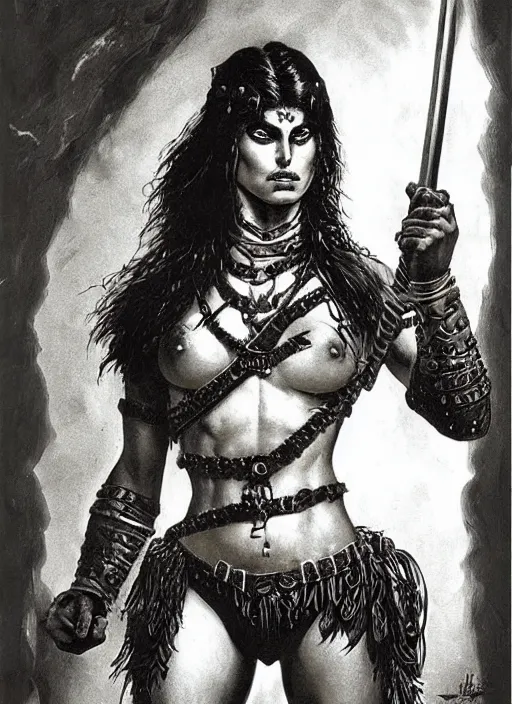 Prompt: a highly detailed symmetrical painting of a female amazon warrior with piercing beautiful eyes in dark tomb setting, dynamic lighting, ambient lighting, deviantart, art by frank frazetta and glenn fabry