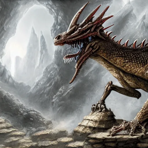 Prompt: a dragon protecting its treasure pile in a cave with bones scattered across the floor, matte painting.