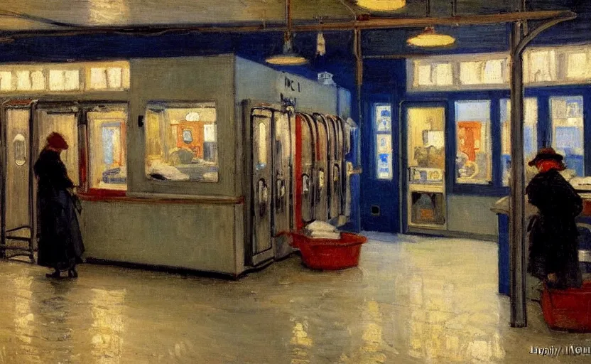 Prompt: interior of a modern laundromat at night, stanhope forbes, impressionist painting