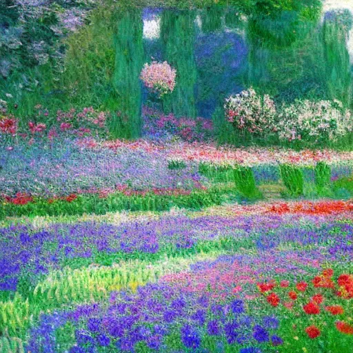 Prompt: a gorgeous garden on the edge of a cliff filled with beautiful flowers of blue and violet and pink from all around the world, monet