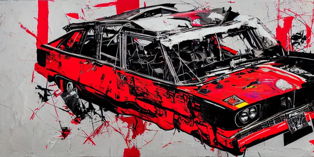 Image similar to lowrider crash test, collage paper and tape, black and red spray paint, acrylic on canvas, hyperrealism mixed with expressionism, high resolution, cinematic, unreal 6 breathtaking detailed, by blake neubert, by matt sesow