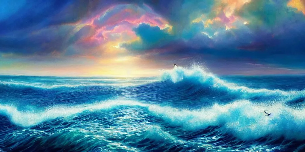 Prompt: Splitting Sea :: Even if our mouths where filled with song and praise like the ocean, and our tongues full of joy like it’s manny waves we could never reach Your praise, surrealism, musical notes, EPIC ,beautiful sea landscapes, Very colorful painting 8k trending on art station, Intricate details, very realistic, cinematic lighting, volumetric lighting,