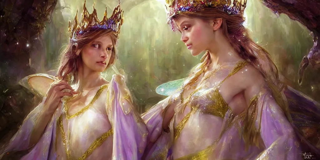 Image similar to hyperrealist portrait of a fairy girl emperorit is decorated with long robes that fall like stars and wears a huge crown. by daniel f. gerhartz, fantasy art, photo realistic, dynamic lighting, artstation, poster, volumetric lighting, very detailed faces, 4 k, award winning