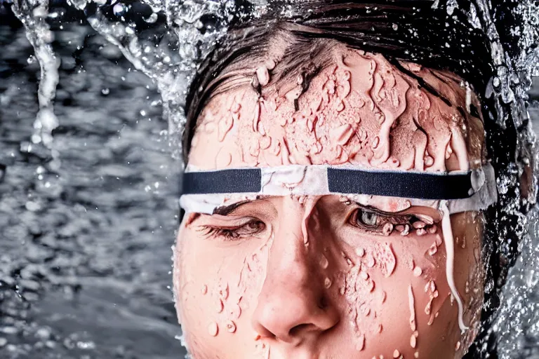 Image similar to woman with blindfold and wet face and hair