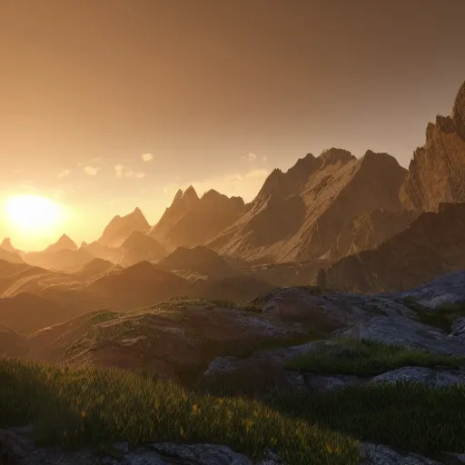 Prompt: Sunrise over the mountains trending on Artstation Unreal Engine 3D shading shadow depth 8k resolution concept art