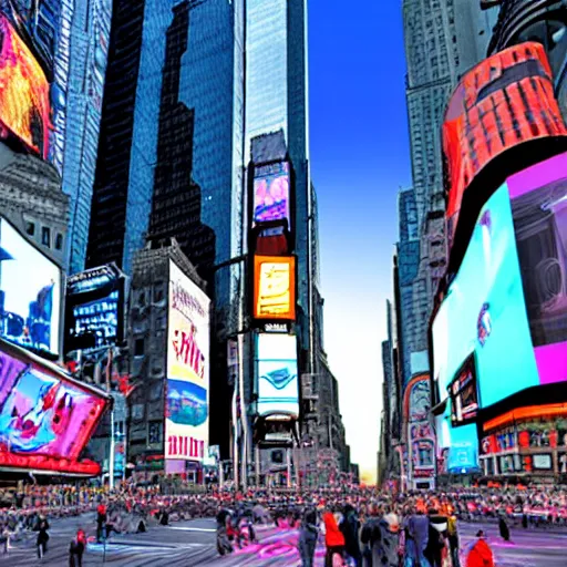 Image similar to giant alien spacecraft looming over times square, casting shadow as people look up, realistic, highly detailed digital art