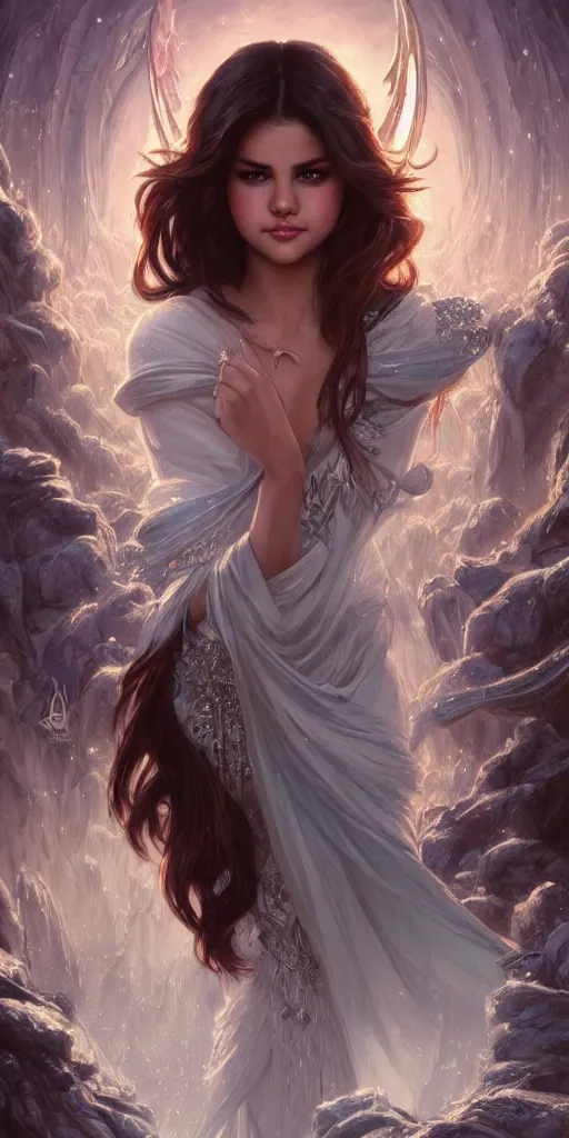 Image similar to Selena Gomez casting an frost spell, D&D, fantasy, intricate, elegant, highly detailed, digital painting, artstation, concept art, matte, sharp focus, illustration, hearthstone, art by Artgerm and Greg Rutkowski and Alphonse Mucha