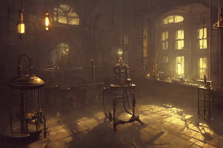 a dark steampunk laboratory interior lit only by the | Stable Diffusion