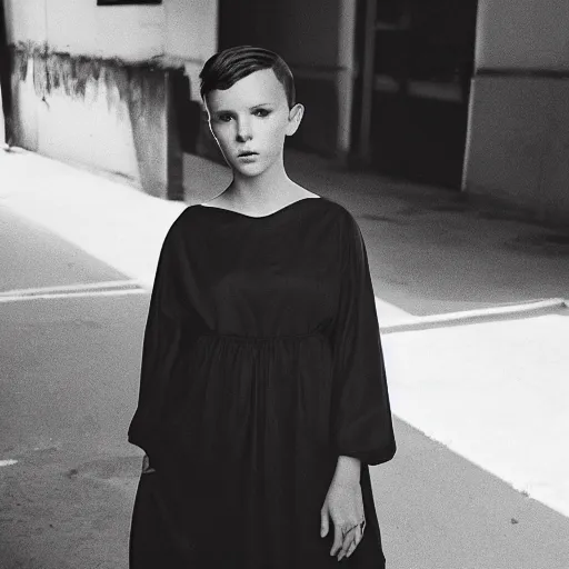 Prompt: a beautiful award winning photo of millie bobby brown wearing a trash bag, cinematic, atmospheric, tatiana lopez photograph
