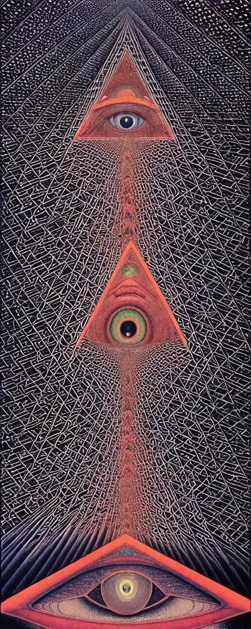 Image similar to realistic detailed sacred geometry wrapping around the all seeing eye sat at the top of the pyramids being blessed in divine mystical light, Conjuring Psychedelic by Shintaro Kago, Neo-Gothic, gothic, rich deep colors. Beksinski painting, part by Adrian Ghenie and Gerhard Richter. art by Takato Yamamoto. masterpiece