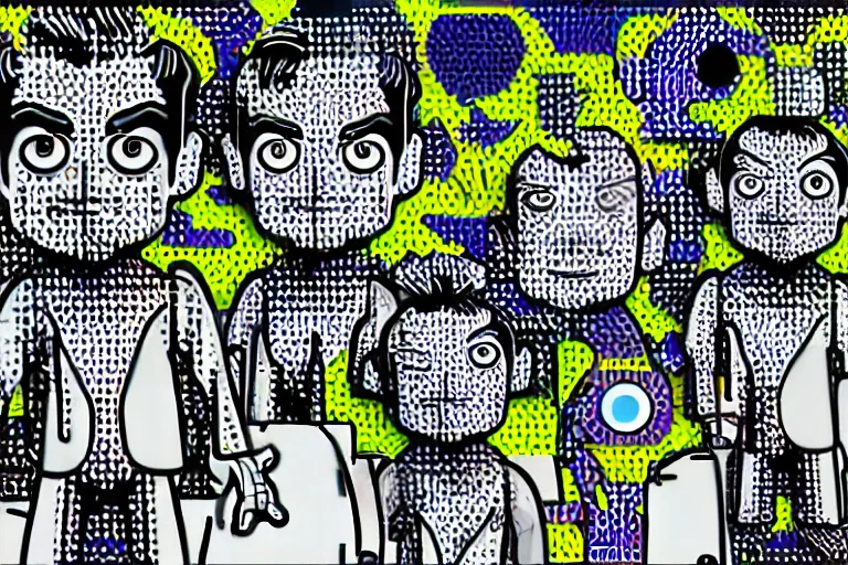 Image similar to futuristic cute mr bean grey goblins by roy lichtenstein, by andy warhol, ben - day dots, pop art, bladerunner, pixiv contest winner, cyberpunk style, vivid color scheme, high resolution, hd, intricate detail, fine detail, 8 k