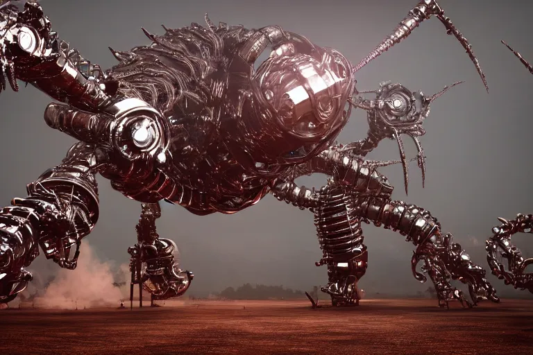 Prompt: giant metallic nightmare robotic creature with fangs made from syringes, science fiction horror art, cosmic horror, demonic, gleaming chrome, 8k, cgsociety, ultra high detail, rendered in unreal engine 5