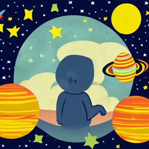 Image similar to lonley and gloomy baby in middle of space surrounded by colorful stars planets and galaxies, grainy design, high quality, 4 k, award winning