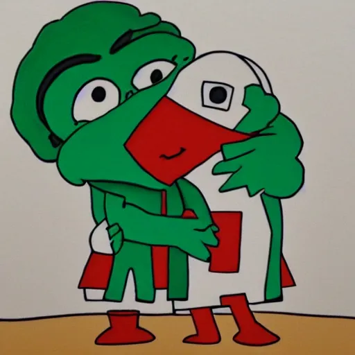 Prompt: super rich pepe hugging each other