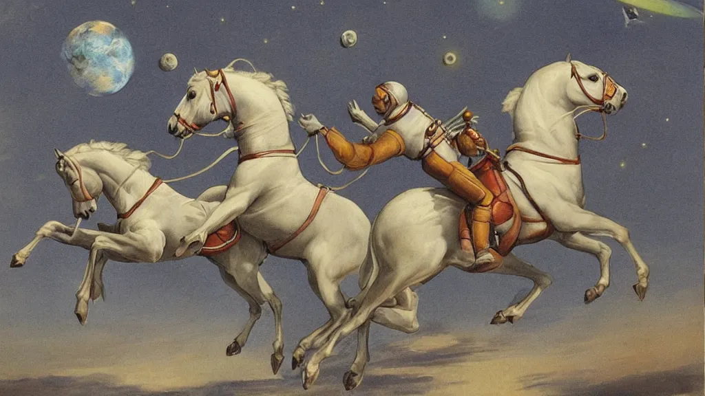 Prompt: a horse riding an astronaut, the horse is at the bottom, the astronaut is at the top, the astronaut is carrying the horse, art
