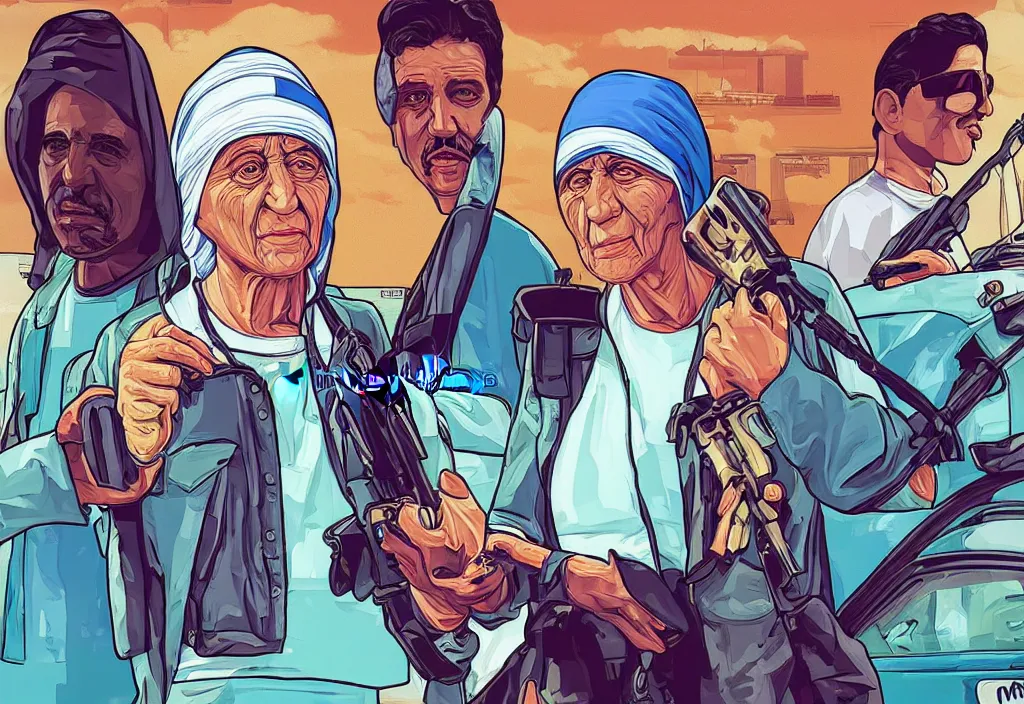 Prompt: mother teresa in grand theft auto loading screen, gta art style, illustration, beach, miami, vice city