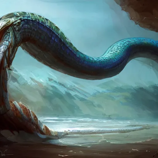 Image similar to a beached sea serpent washing up on the shore of a beach concept art by jaime jones, cgsociety, fantasy art, concept art, artstation hd, deviantart hd.