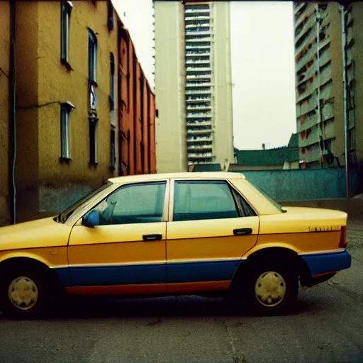 Image similar to low angle shot of russian car in soviet yard with block of flats, cinestill 800t , 80mm ,polaroid, masterpiece, f 1.6, bokeh, mid day in style of william egglestone