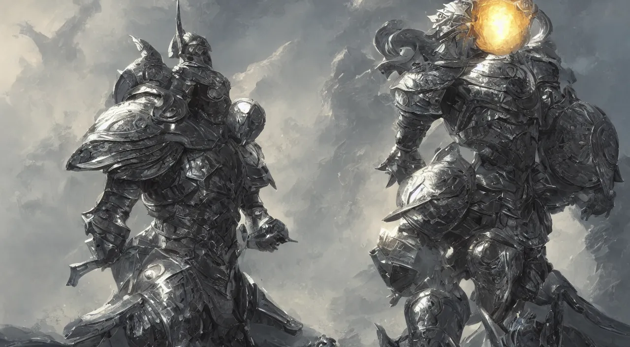 Prompt: Detailed paladin, completely covered in pristine silver armor, charging thorough a battlefield while glowing with radiant light, sun beaming down on him, intricate, highly detailed, digital painting, artstation, concept art, sharp focus, illustration, art by greg rutkowski and Ross Tran