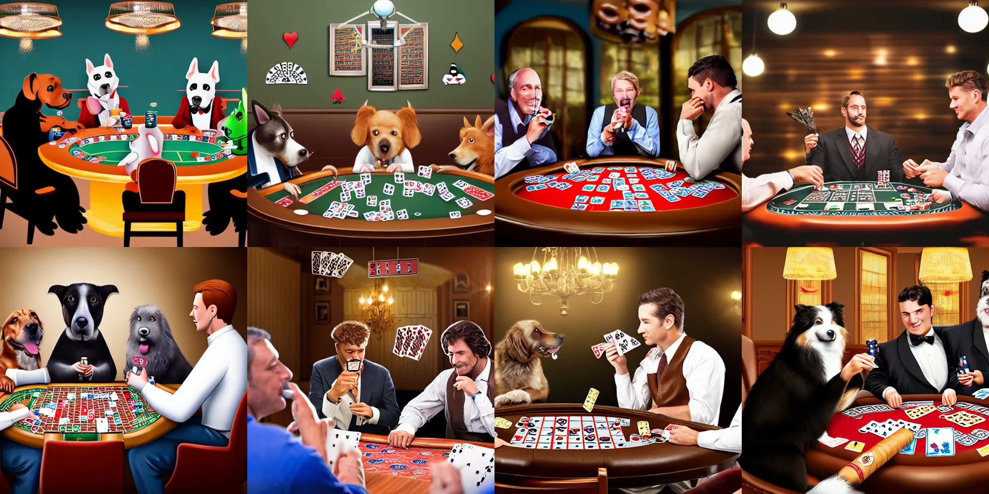 Prompt: photorealisitc dogs playing poker smoking cigars